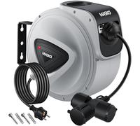 Masko Cable alargador automático de 15 m con conexión de 3 vías, giratorio 180grados, cable de alimentación de 1,5 m, soporte de pared, enrollador de cables, enrollador de cables, incluye guantes