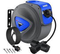 MASKO® Cable alargador automático de 20 m con conexión de 3 vías, giratorio 180°, cable de alimentación de 1,5 m, soporte de pared, enrollador de cables, enrollador de cables, incluye guantes