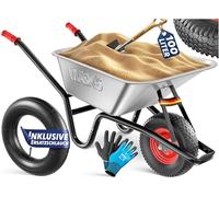 MASKO® Carretilla de Jardín y Construcción | 100 litros 250kg Neumáticos de Aire con Borde de Acero + Tubo de Repuesto para Carretilla | Bastidor de Acero Galvanizado Carro de Jardín, Plata (100l)