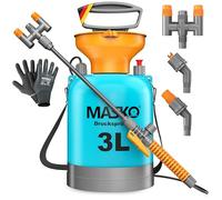 MASKO Pulverizador a presión, resistente a los ácidos, capacidad de 3 litros, con boquillas ajustables y manguera de 1,3 m, pulverizador para protección vegetal, jardín y coche, botella de riego con