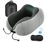 MASMAS Almohada de Viaje, Almohada para Cuello Viscoelástica de Espuma Memoria, Cómoda para la Cervical, Ortopédica Soporte de Nuca para Viajar Coche Avión Bus (Gris Kit)