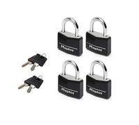 Master Lock 9140EURQBLKNOP Lote de 4 Candados con Llave con cuerpo de aluminio macizo revestido, Negro, 4 x 5.9 x 1.3 cm
