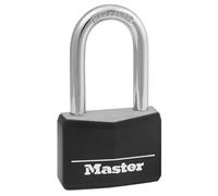Master Lock Cerradura de aluminio cubierta negra, cerradura de gimnasio con llave, candado para exteriores con grillete largo para puertas, vallas, cajas de herramientas y más, 141DLF