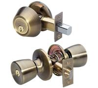 Master Lock Cerradura de puerta de entrada con llave, cerrojo de un solo cilindro con perilla estilo tulipán a juego, latón antiguo, TUCO0605, combo