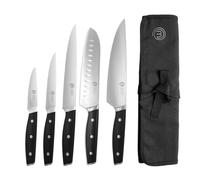 MasterChef Cuchillos Cocina con Manta, Juego de Cuchillos de Cocina Aceros Inoxidables, Set Cuchillo de Chef, Santoku, Verduras y mas, Multifuncional, 5 Piezas, Plata, Alto Carbono
