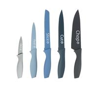 MasterChef Cuchillos Cocina, Set Cuchillo de Chef (Carne, Sierra por Pan, Verduras y Pescados), Colección de Acero Inoxidable con Asas Suaves al Tacto, Multifuncional, 5 Piezas, Azul, Captions