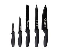 MasterChef Cuchillos Cocina, Set Cuchillo de Chef (Carne, Sierra por Pan, Verduras y Pescados), Colección de Acero Inoxidable con Asas Suaves al Tacto, Multifuncional, 5 Piezas, Negro, Captions