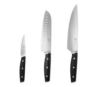 MasterChef Juego de Cuchillos de Cocina Profesional con Cuchillo Chef, Santoku y Tomatero en Inox con Alto Contenido en Carbono con Cabezales y Asas de Triple Remache, Espiga Llena, 3 Piezas