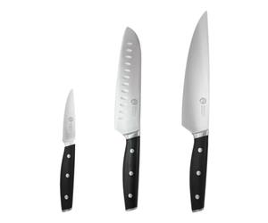 MasterChef Juego de Cuchillos de Cocina Profesional con Cuchillo Chef, Santoku y Tomatero en Inox con Alto Contenido en Carbono con Cabezales y Asas de Triple Remache, Espiga Llena, 3 Piezas