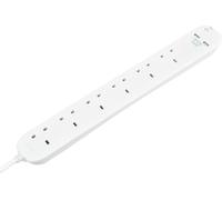 Masterplug BSNU110N - Cable alargador de 6 Tomas de Corriente (1 m, 2 Conectores USB), Color Blanco