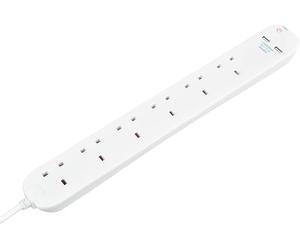 Masterplug BSNU110N - Cable alargador de 6 Tomas de Corriente (1 m, 2 Conectores USB), Color Blanco
