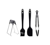 MasterPRO Foodies - Juego de 4 Utensilios de Cocina Negros - Fabricados en Resistente Silicona y Acero Inoxidable - Cepillo 26cm - Espátula 28cm - Pinza para Alimentos - Pinza para Bol 18cm