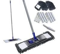 MASTERTOP Fregona Largo de Microfibra Giratoria 360° Mopa Plana de Chenille para Limpieza de Suelo Seco y Húmedo con 4 Cabezales Trapeador Grande con Palo Acero Inoxidable para Hogar y Cocina