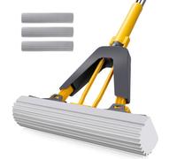 Masthome Mopa de Esponja, mopa con Rodillo con 3 recambios de Esponja superabsorbentes, fregona de Esponja autoapretable para Limpieza de Suelos laminados de Azulejos y mármol