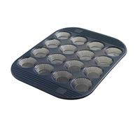 Molde para 16 mini tartaletas de la marca Mastrad, con diseño acanalado, ideal para hornear, hecho de silicona transparente gris. Modelo F43014