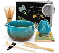 Matcha Kit 8 Piezas - Kit Té Matcha Completo con Tazón de Matcha con Pico, Batidor de Bambú (Chasen) y Accesorios Completos, Perfecto para Ceremonias Japonesas y Lattes Caseros (Elazul)