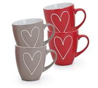 matches21 HOME & HOBBY Juego de 4 tazas de café XXL de cerámica, 400 ml, aptas para lavavajillas y microondas, diseño de corazón, color rojo y gris