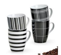 Matches21 - Juego de 4 tazas de café con diseño de rayas blancas y negras y blancas, porcelana, 10 cm, 300 ml