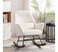 Matomn Sillón mecedora de terciopelo para salón, con reposacabezas engrosado y base de madera, moderno sillón tapizado para dormitorio, habitación infantil, hotel, beige