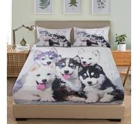 Matrimonial Fácil de Limpiar 3D Sábana Bajera Animal Ojos Azules Cachorro Husky Elástico en el Borde Bolsillo Profundo 30cm Estilo De Pintura Al óLeo para Grueso Colchón 160x200 cm