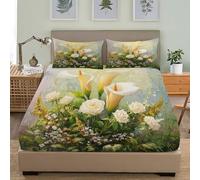 Matrimonial Fácil de limpiar 3D Sábana Bajera Planta Lirio De Agua Flor PéTalo Transpirable Sabanas Elástico en el Borde Bolsillo Profundo 30cm Estilo De Pintura Al óLeo para Grueso Colchón 160x200 cm