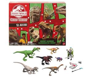 Mattel Jurassic World Teoría del Dinocaos Calendario de Adviento con 12 Puertas, 12 días de sorpresas, Smoothie y Otras 9 Figuras de Dinosaurios, Figura de Brooklynn, JGM17