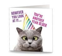 Maturi Tarjeta de felicitación de cumpleaños con texto en inglés Another Year Older (15,5 x 15,5 cm), diseño de gato