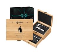 Maverton Juego de Vino Personalizado - Caja de Bambú con Tapa - 4 Piezas Abridor Sacacorchos Termómetro y Tapón - Regalos Originales para Hombre Cumpleaños Amante del Vino Día del Padre - Vida