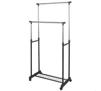 Max Home - Perchero de ropa altura ajustable, con balda para zapatos, Con ruedas, doble barra, moderno, negro y acero, minimalista