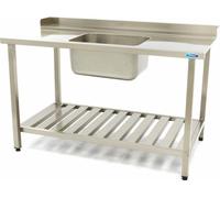 Maxima - Mesa de lavado para gastronomía - 140 x 75 cm - para montaje a la derecha - con lavabo y salpicadero - incluye estante de almacenamiento