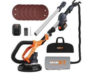 MAXXT Lijadora de pared 20V sin escobillas: Sistema de auto-aspiración, Control de velocidad continuo (600-1200 RPM), Disco de 225 mm, Plegable (extensible 110-165 cm), Para paredes y techos