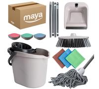Maya - Set de Limpieza del Hogar Atomic 7 en 1 | Cubo de 14L con Escurridor, Fregona, Escoba, Palo por Secciones, Recogedor, Esponjas EVO y Bayetas de Microfibra Terry 200g