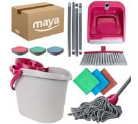 Maya - Set de Limpieza del Hogar Atomic 7 en 1 | Cubo de 14L con Escurridor, Fregona, Escoba, Palo por Secciones, Recogedor, Esponjas EVO y Bayetas de Microfibra Terry 200g