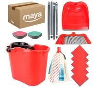 Maya - Set de Limpieza MAX para el Hogar 7 en 1 | Cubo de 16L con Escurridor, Fregona, Escoba, Palo por Secciones, Recogedor, Esponja EVO y Bayeta de Microfibra Terry 200g