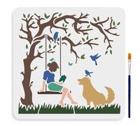 MAYJOYDIY Plantilla de niña leyendo debajo del árbol de 30 x 30 cm, diseño de rama de árbol grande con cepillo de pintura, reutilizable, libro de lectura, plantilla de dibujo para paredes de madera,