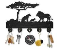 MAYJOYDIY Soporte de Llaves de Árbol de Pradera con León para Pared 30×20cm Familia de 3 Leones Colgador de Llaves de Madera 5 Ganchos de Aleación Vida Silvestre Animal Soporte de Llaves Montado en