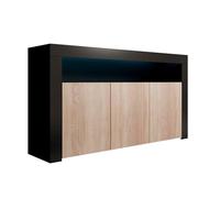MB Muebles Bonitos, Aparador Aker con Luz LED y 3 Puertas para Salón Comedor, Mueble TV de Melamina Mate, Color Negro y Sonoma, 155x91,5x37 cm