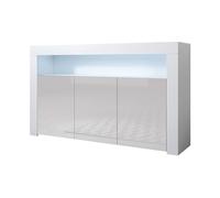 MB Muebles Bonitos | Aparador Mueble TV con LED | Armario para Salón Comedor Moderno | Aparador 3 Puertas | Ancho 155 x Alto 91,5 x Profundo 37cm | Color Blanco y Gris | Acabado Brillo | Modelo Aker
