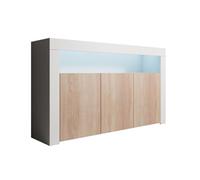 MB Muebles Bonitos | Aparador Mueble TV con LED | Armario para Salón Comedor Moderno | Aparador 3 Puertas | Ancho 155 x Alto 91,5 x Profundo 37cm | Color Blanco y Sonoma | Acabado Mate | Modelo Aker