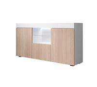 MB Muebles Bonitos | Aparador Sefora para Salón Comedor Moderno de 3 Puertas | Luces Led | Mueble Auxiliar | Melamina Mate Color Blanco y Sonoma | 135x72x34 cm