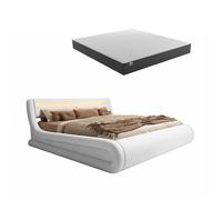 MB Muebles Bonitos - Cama de matrimonio con canapé, cabecero y luces LED modelo Rodas, estructura en madera tapizada en polipiel PU, incluye colchón Texas fabricado en España White