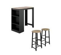 MB Muebles Bonitos | Mesa Alta Bar con 2 Taburetes Kyra | Barra Cocina de Estilo Moderno con 3 Estantes | Melamina Mate | Color Negro y Sonoma | 110x103x50 cm