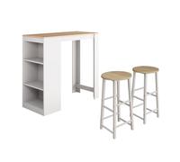 MB Muebles Bonitos | Mesa Alta Bar con 2 Taburetes Kyra | Barra Cocina de Estilo Moderno con 3 Estantes | Melamina Mate | Color Blanco y Sonoma | 110x103x50 cm