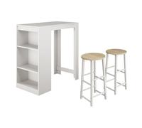 MB Muebles Bonitos | Mesa Alta Bar con 2 Taburetes Kyra | Barra Cocina de Estilo Moderno con 3 Estantes | Melamina Mate | Color Blanco | 110x103x50 cm