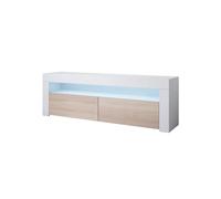 MB Muebles Bonitos | Mueble TV con LED | Mueble TV para Salón Comedor Moderno | Ancho 140 x Alto 50,5 x Profundo 35cm | Aparador TV | Color Blanco y Sonoma | Acabado Brillo | 2 Puertas | Modelo Aker