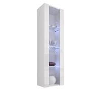 MB Muebles Bonitos Vitrina de Salón Moderna Tipo Columna con Iluminación LED Azul, Estantería Estrecha de 4 Compartimentos, Acabado Blanco Brillo, 172x40x29 cm, Modelo Nora V5