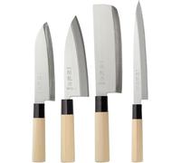 MBH - Juego de 4 cuchillos japoneses profesionales de acero SUS 420J2, un juego de cuchillos tradicional con mangos de madera de álamo, que incluye un cuchillo Santoku, un cuchillo Deba, un cuchillo N