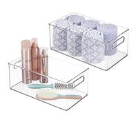 mDesign Juego de 2 cajas de plástico con asas - Organizador transparente con diseño atractivo - Cajas organizadoras para accesorios de baño, cosméticos y otros utensilios - transparente