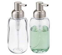 mDesign Juego de 2 dispensadores de jabón rellenables - Dosificadores de jabón Redondos de plástico - Ideal dosificador de baño o de Cocina con Aprox. 385 ml de Capacidad - Transparente/Plateado Mate