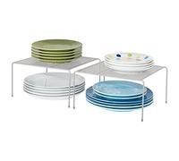 mDesign Juego de 2 estantes de cocina para platos, estante de metal independiente, estante de cocina para tazas, platos, alimentos, etc., color plateado